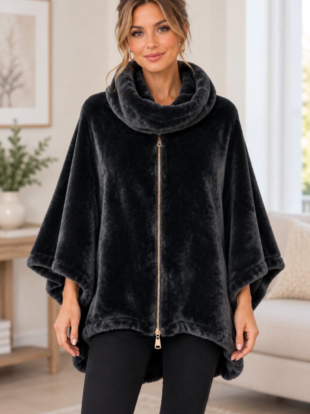Black Faux Fur Cape Poncho Cowl Neck Gold Zip Goth Glam Mob Wife Quiet Luxury